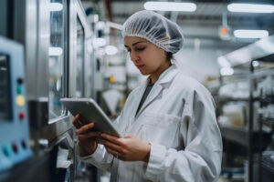 worker using a tablet and checking the production line's efficiency