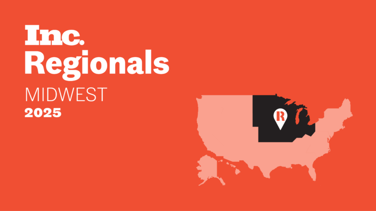 Inc. Regionals Midwest 2025 logo on an orange background, featuring a U.S. map with the Midwest region highlighted in black and marked with a location pin containing the letter 'R'.