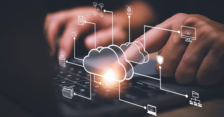 Businessman with cloud computing diagram show on hand. Cloud technology. Data storage. Networking and internet service concept.