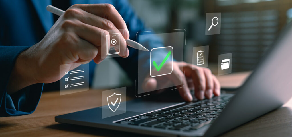Businessman using digital pen and laptop with online document approval system, task checklist management, and secure data verification concept for digital workflow and business automation