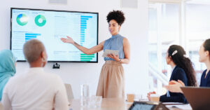 Business woman, infographic and team support