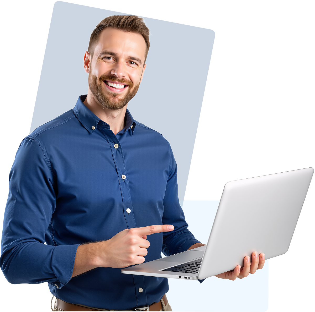 Smiling man holding a laptop