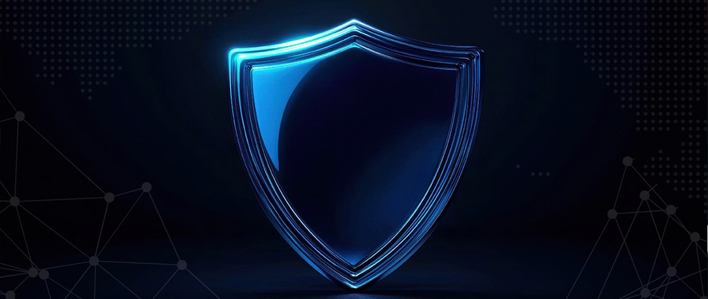 Futuristic blue shield icon on dark background