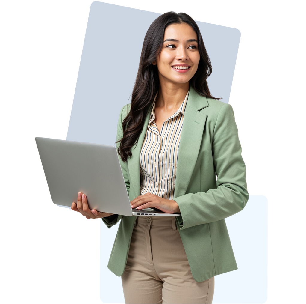 Young professional woman in a green blazer holding a laptop and smiling confidently