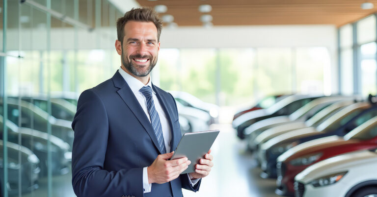 Businessman using laptop in car showroom