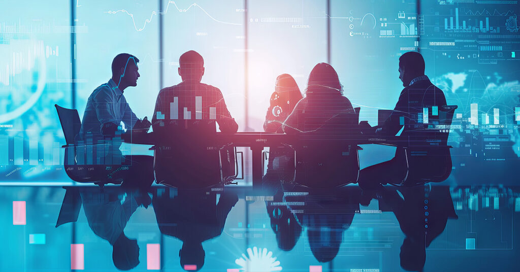 Corporate team strategizing in a collaborative meeting with digital technology tools